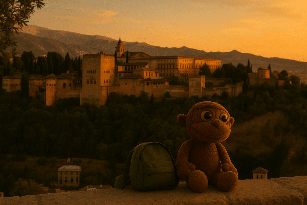 Monky, un peluche viajero, contempla en silencio la Alhambra desde una colina, envuelto en la luz suave del atardecer.