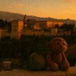 Monky, un peluche viajero, contempla en silencio la Alhambra desde una colina, envuelto en la luz suave del atardecer.