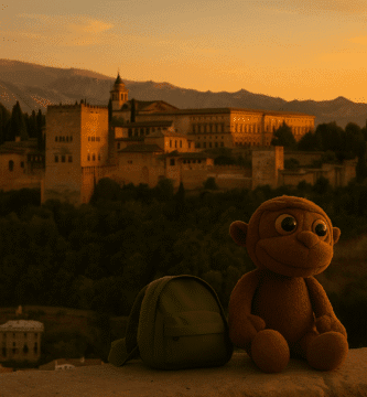 Monky, un peluche viajero, contempla en silencio la Alhambra desde una colina, envuelto en la luz suave del atardecer.